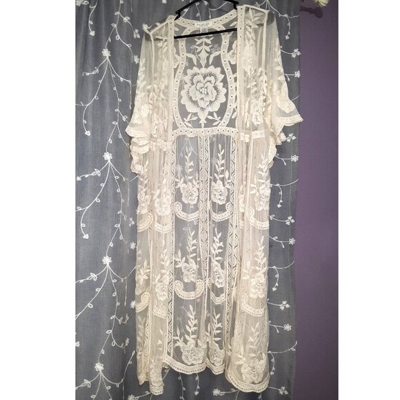 Beige Cream Off White Sheer Lace Kimono Open Cardigan Sweater Duster One Size - Picture 1 of 5